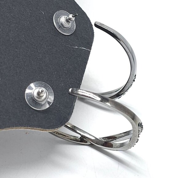 Silver Tone Black Crystal Rhinestone Double Hoop Earrings 1990s - Picture 4 of 5